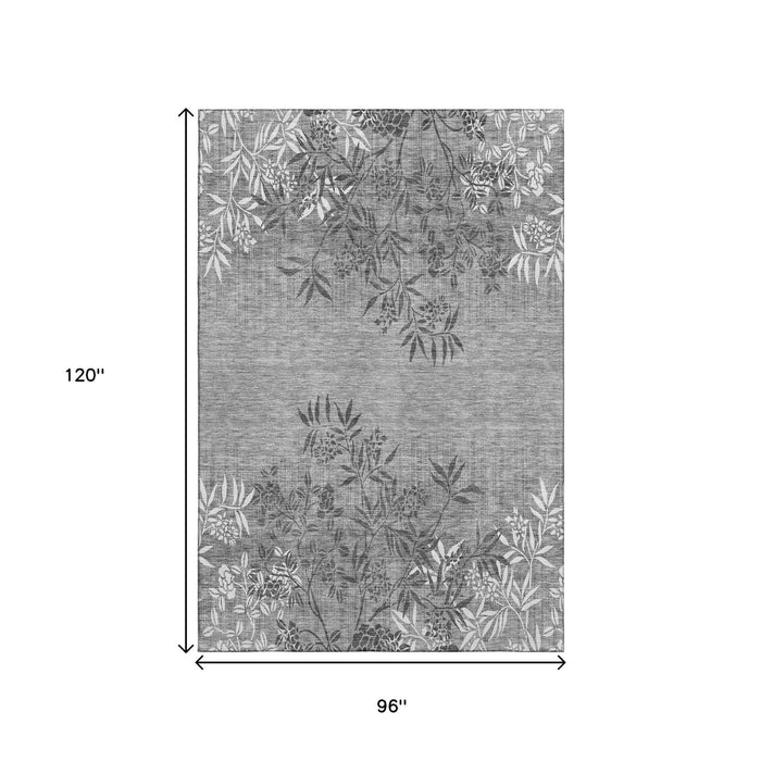 8' X 10' Floral Washable Area Rug With UV Protection (655666) - Pewter / Ivory