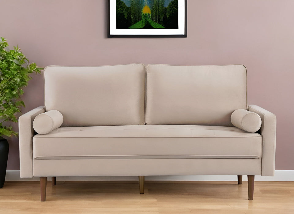 Velvet Sofa And Toss Pillows With Dark Brown Legs - Beige