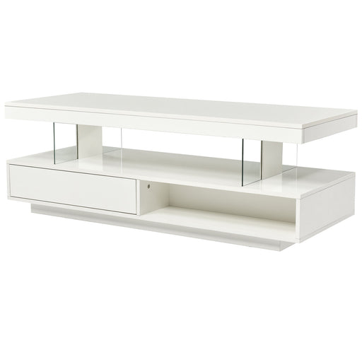 Modern Giga LED coffee table with two drawers and display shelves, featuring a sleek design and ambient lighting.