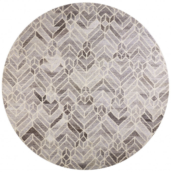 8' Round Wool Geometric Hand Tufted Area Rug - Gray And Ivory