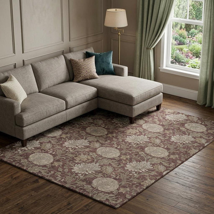 9' X 12' Floral Washable Area Rug With UV Protection (655805) - Merlot / Beige