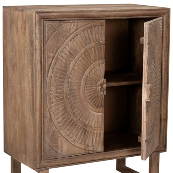 Solid Wood Two Door Floral Carved Accent Cabinet - Distressed Brown