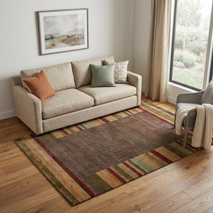 5' X 8' Striped Hand Knotted Area Rug (744178) - Brown / Green / Red