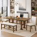 Giga Topmax 6-piece farmhouse extendable dining table set with trestle legs, removable leaf, upholstered chairs, and matching bench.