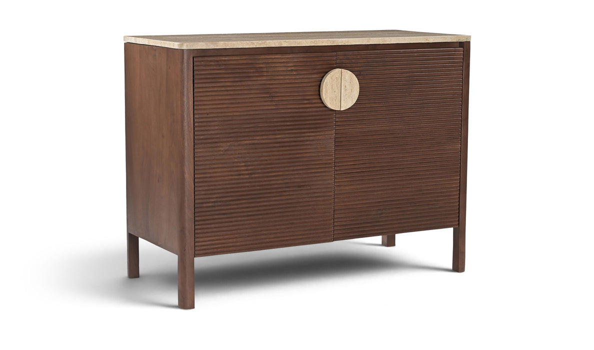 Varenna Meridian Furniture acacia wood sideboard with sleek design and storage compartments, showcasing natural wood grain and modern style.