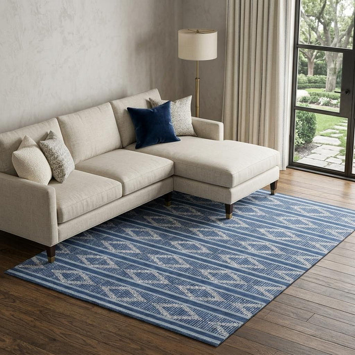 10' X 14' Geometric Washable Area Rug With UV Protection (680795) - Navy Blue / Ivory