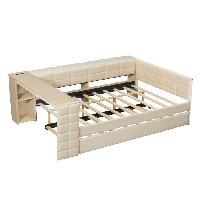 Giga upholstered platform bed with storage shelves, desk, charging station, and trundle for versatile bedroom organization.
