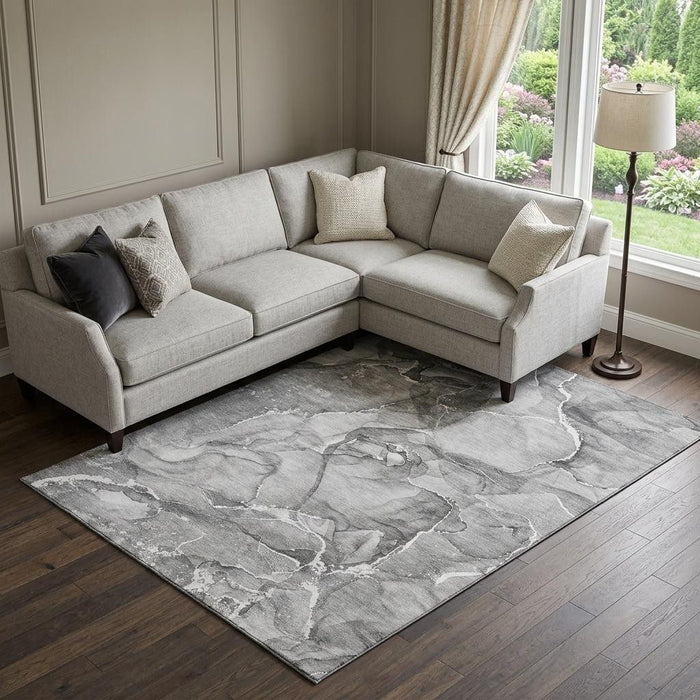 9' X 12' Abstract Washable Area Rug With UV Protection (647277) - Pewter / Ivory