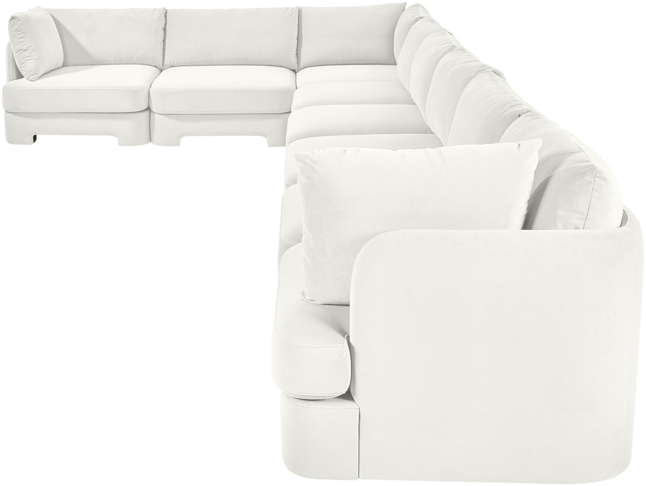 Meridian Furniture Hammond velvet performance fabric L-shaped sectional sofa with eight sections, designed for comfortable stationary seating.