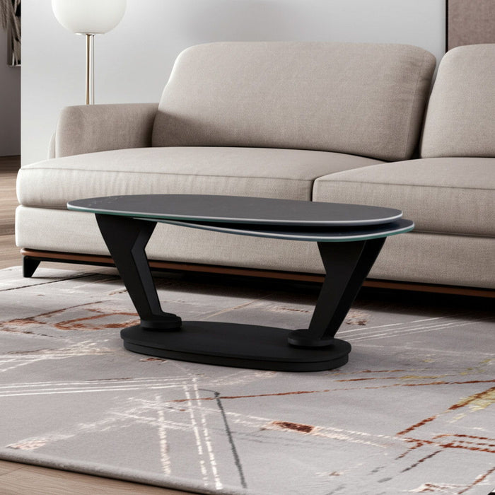 36-inch faux marble and metal oval coffee table in gray and black with modern design by HomeRoots.