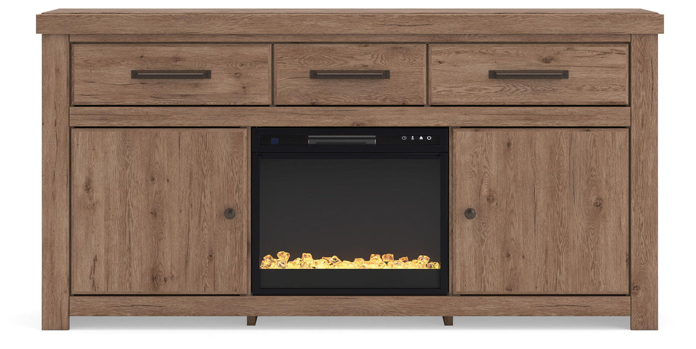 Signature Design by Ashley Garistyn TV stand with built-in fireplace, wood finish, and storage cabinets for modern living rooms.