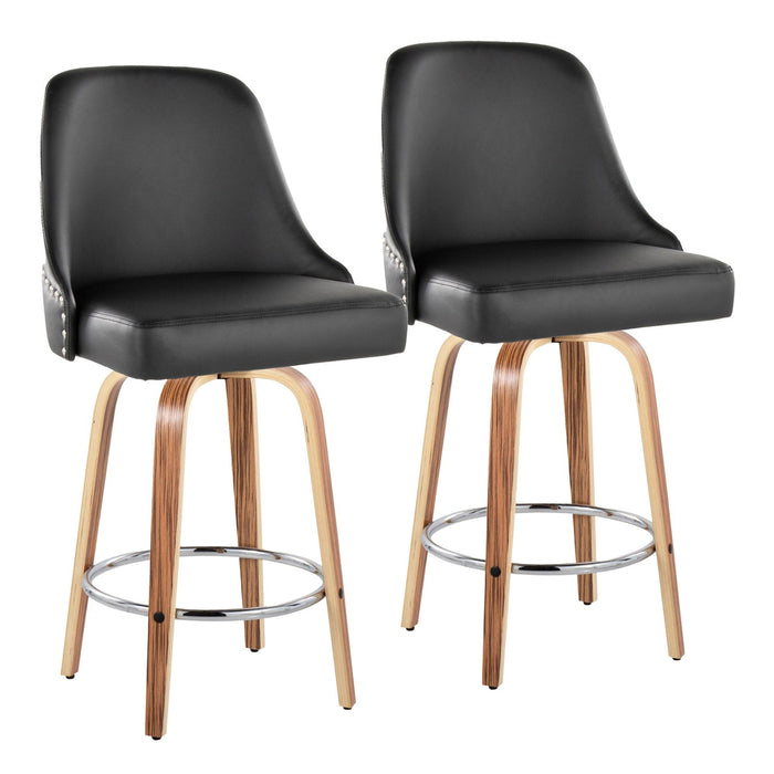 Marcel - 26" Fixed-Height Counter Stool With Swivel And Round Chrome Metal Footrest (Set of 2) - Zebra Wood And Black Faux Leather With Chrome Nailhead Trim