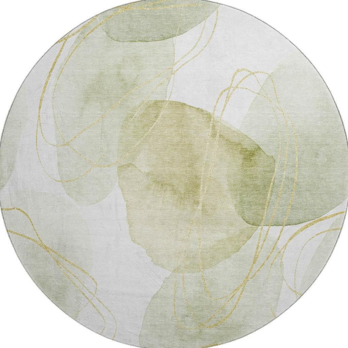 8' Abstract Washable Round Rug With UV Protection (648421) - Green / Gold / Ivory