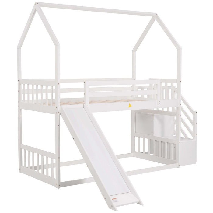 Giga twin over twin house bunk bed with convertible slide and storage staircase, featuring safety rails and cozy sleeping areas.