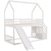 Giga twin over twin house bunk bed with convertible slide and storage staircase, featuring safety rails and cozy sleeping areas.
