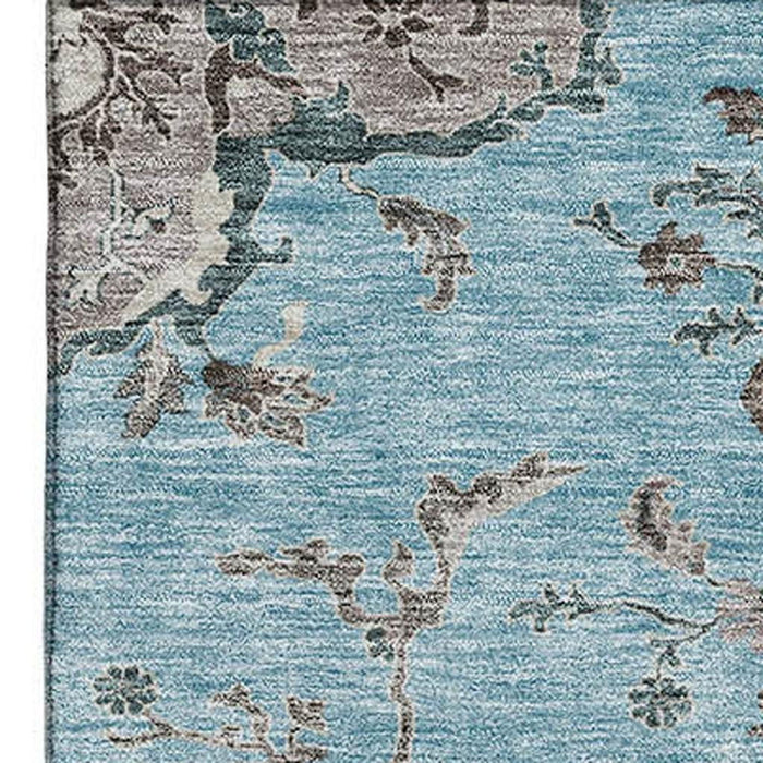 10' X 14' Floral Washable Area Rug With UV Protection (687071) - Sky Blue / Beige / Gray