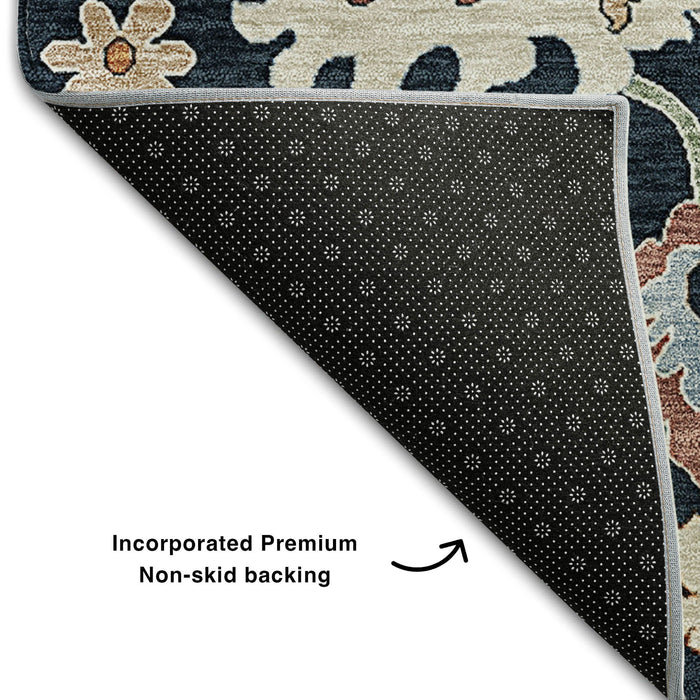 8' Floral Medallion Washable Round Rug With UV Protection - Black