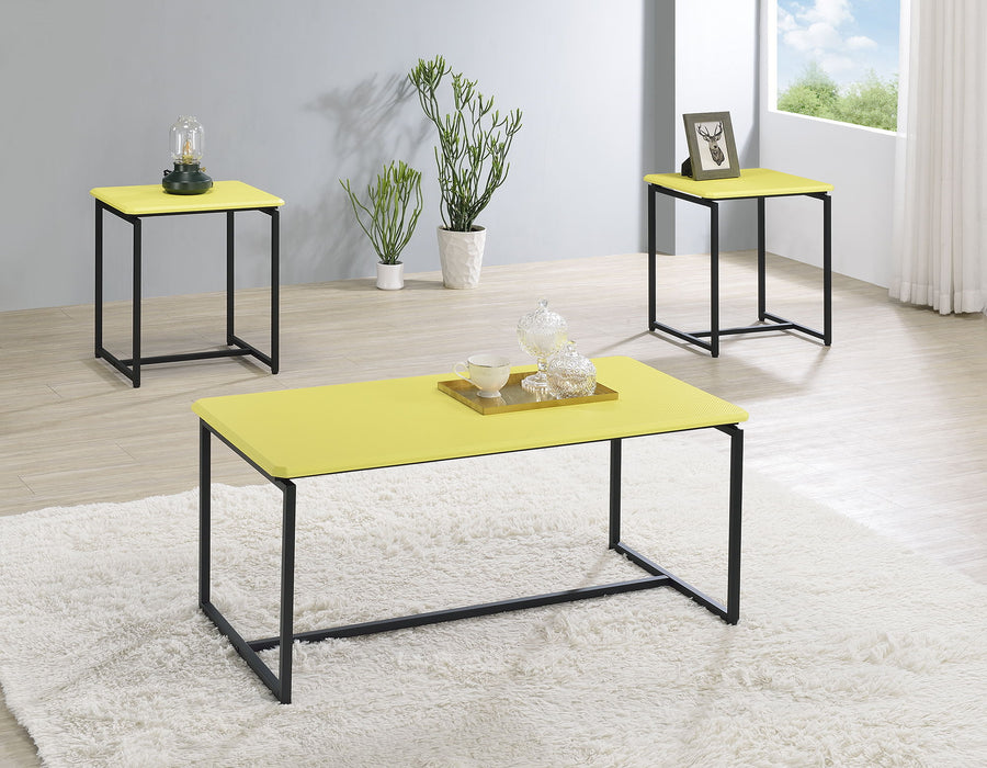 Giga GT 3-piece carbon fiber wrap coffee and end table set featuring sleek black tables with modern design.