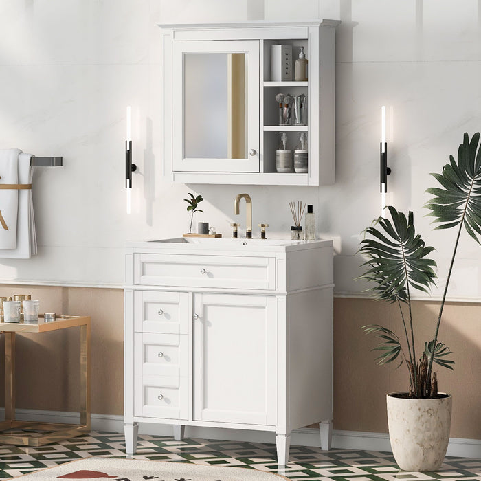 Giga bathroom vanity with medicine cabinet, modern storage cabinet featuring 2 soft-closing doors and 4 drawers, sleek design