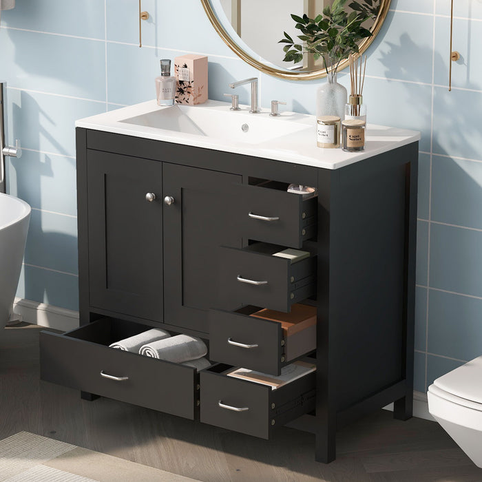 Giga bathroom vanity with ceramic sink, storage cabinet, two soft-close doors, and five drawers in a modern design