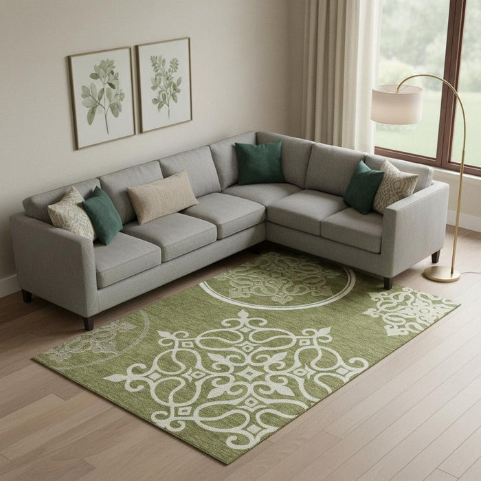 10' X 14' Floral Medallion Washable Area Rug With UV Protection (669540) - Olive Green / Ivory / Beige