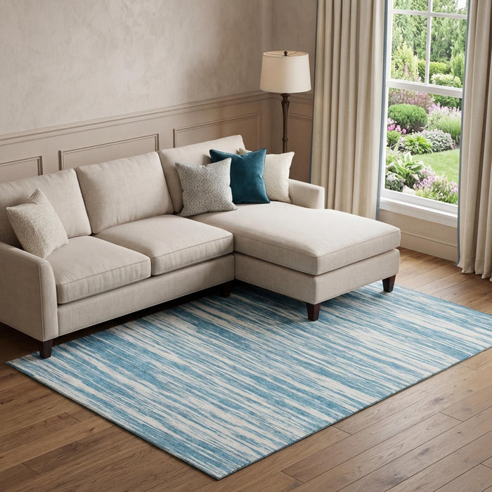 10' X 14' Striped Washable Area Rug With UV Protection (675630) - Teal / Ivory
