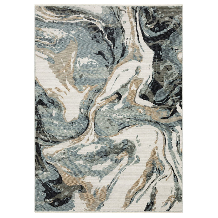 10' X 13' Abstract Area Rug With Fringe (575140) - Blue / Black / Ivory