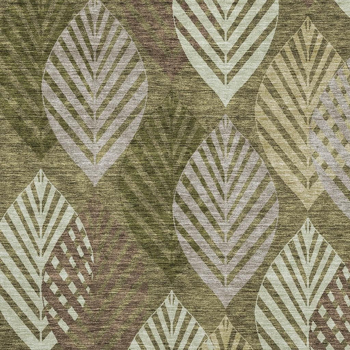 8' X 10' Floral Washable Area Rug With UV Protection - Olive Green