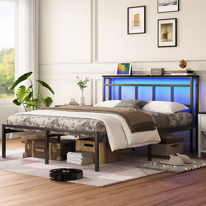 Giga platform bed frame with storage headboard, built-in USB-C ports, LED light, and modern design for bedrooms.