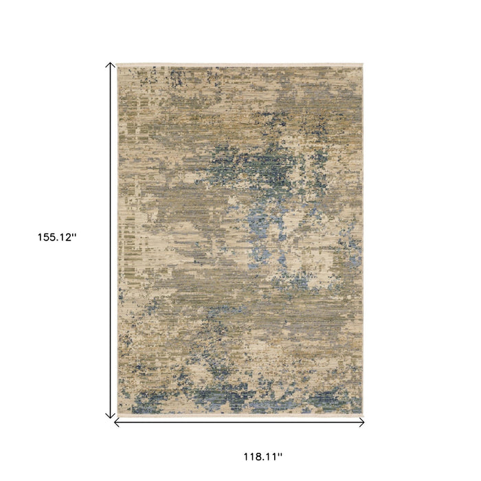 10' X 13' Abstract Area Rug With Fringe - Beige And Blue