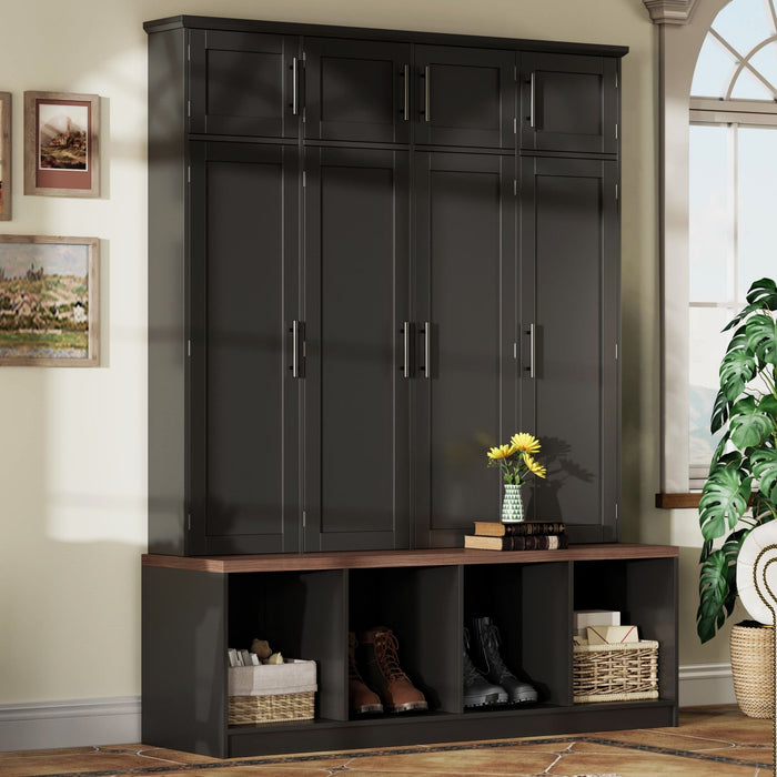 Farmhouse Hall Tree With 4 Hidden Hanging Hooks And 8 Doors