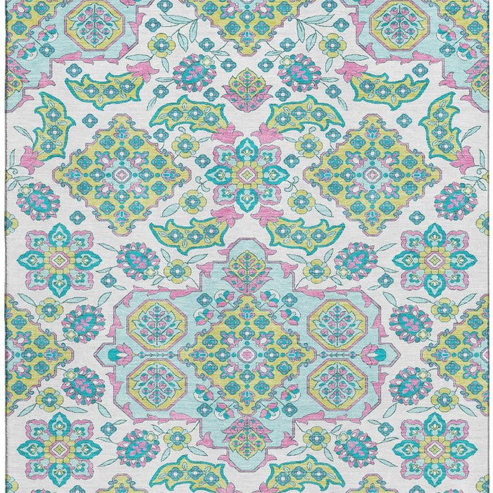 10' X 14' Floral Medallion Washable Area Rug With UV Protection (705893) - White / Green / Pink
