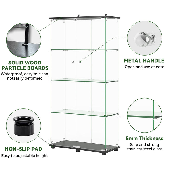 Giga modern black glass display cabinet with four shelves, double doors, and lock, designed for living room storage.