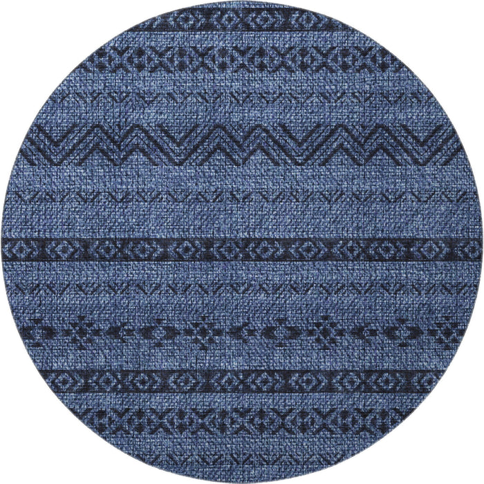 8' Southwestern Washable Round Rug With UV Protection - Navy Blue And Gray