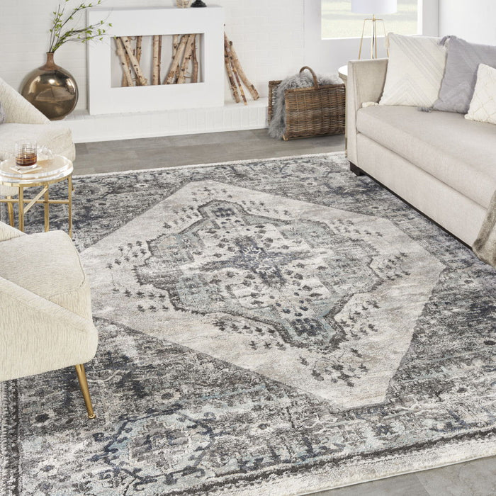 8' X 10' Floral Power Loom Distressed Area Rug - Gray