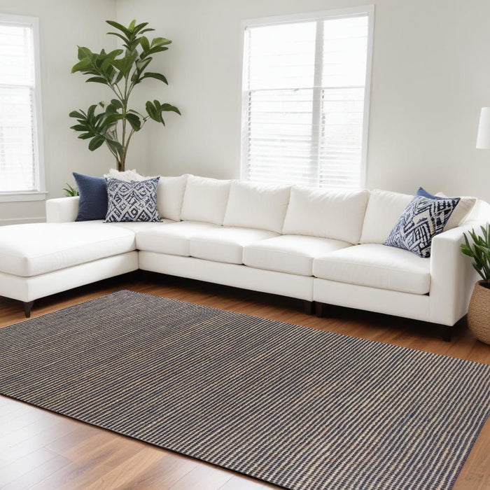 7' x 10' Indoor Area Rug - Blue Hand Woven Wool And Jute