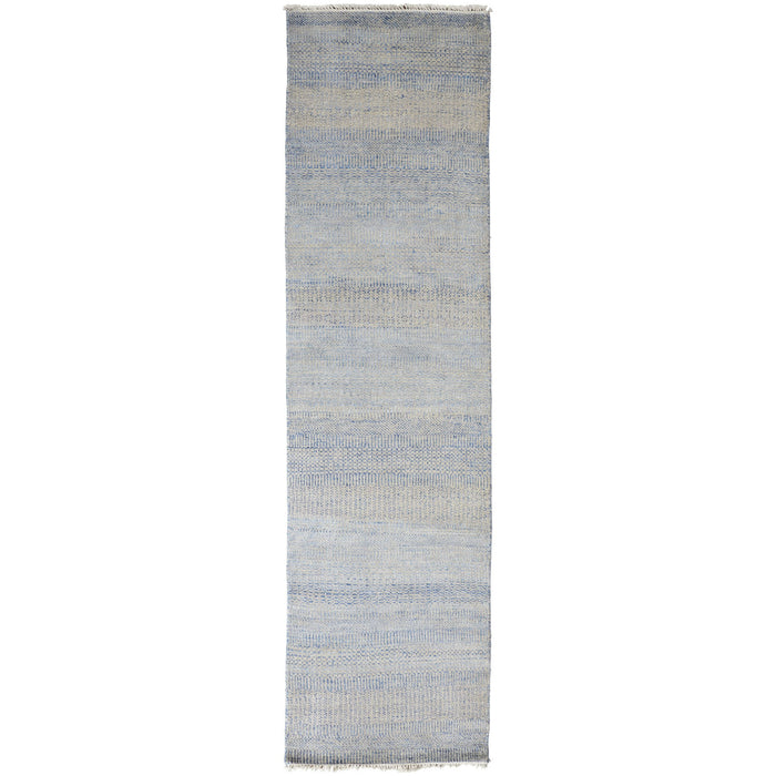 10' Wool Striped Hand Knotted Runner Rug - Blue And Silver