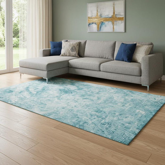 10' X 14' Abstract Washable Area Rug With UV Protection (648796) - Teal / Ivory
