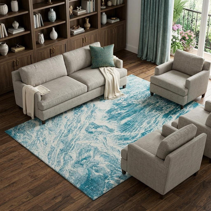 10' X 14' Abstract Washable Area Rug With UV Protection (676806) - Teal / Ivory