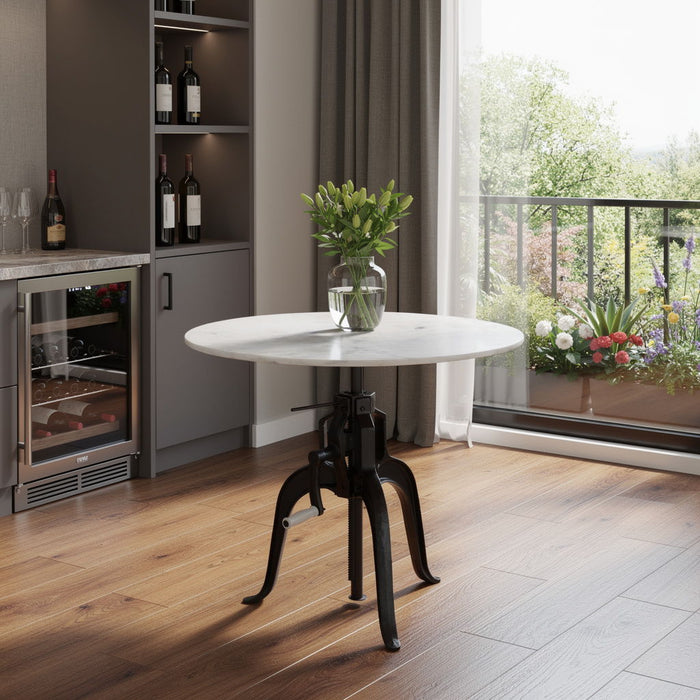 Adjustable Height Marble And Wood Pedestal Base Round Top Dining Table - White