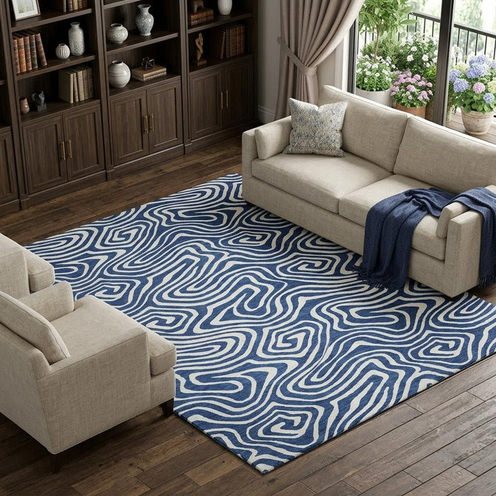 10' X 14' Abstract Washable Area Rug With UV Protection (680103) - Navy Blue / Ivory