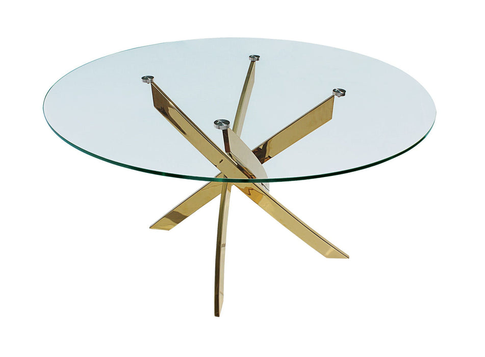 54" Glass And Metal Cross Leg Base Round Top Dining Table - Clear / Gold