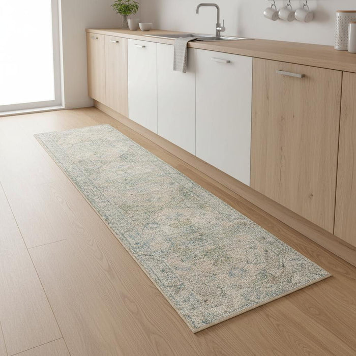 8' Floral Runner Rug (554994) - Blue / Green / Ivory