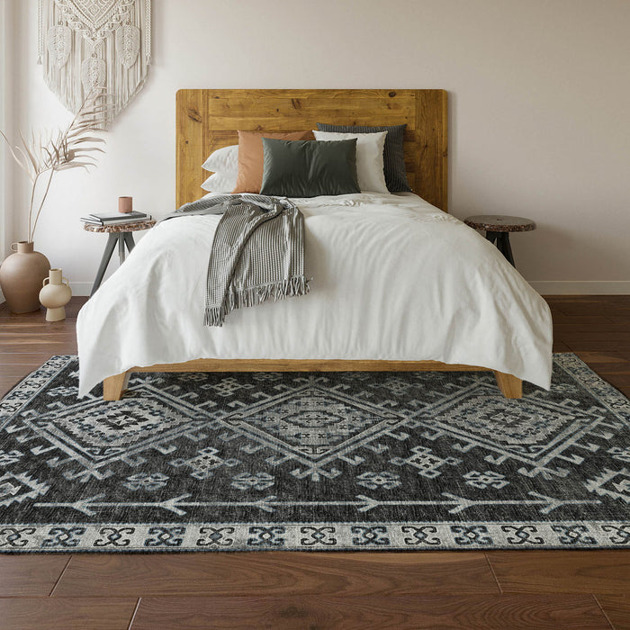 9' X 12' Geometric Washable Area Rug With UV Protection - Graphite And Charcoal