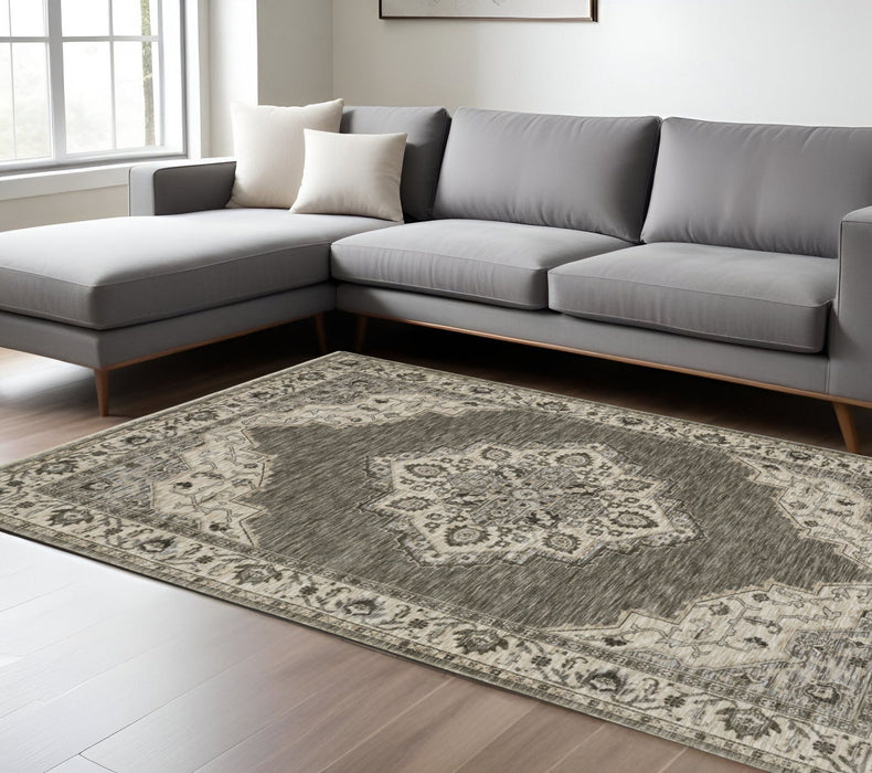 11' X 8' Medallion Area Rug With Fringe - Gray And Beige
