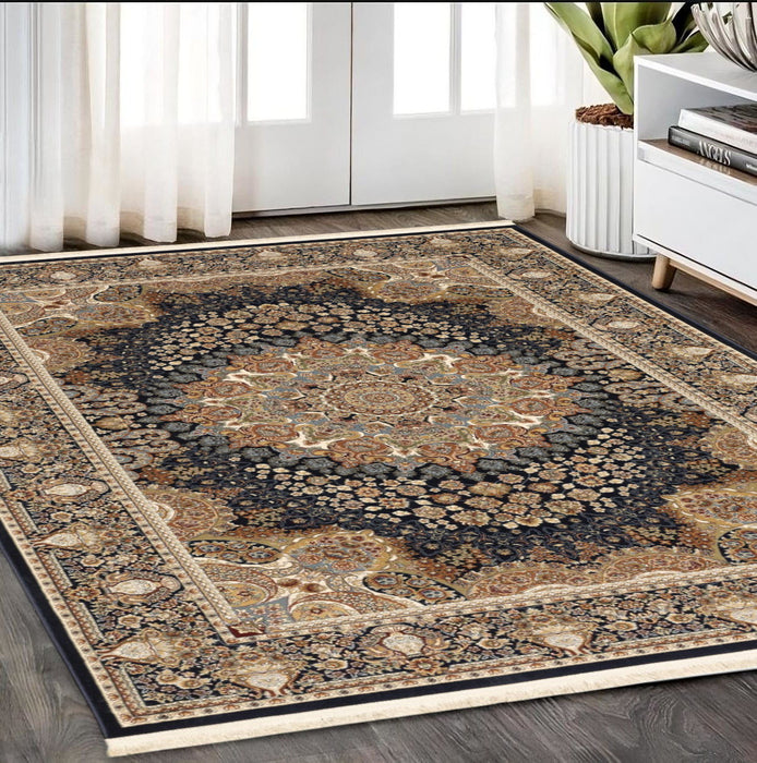 5' X 8' Medallion Area Rug With Fringe - Navy Blue