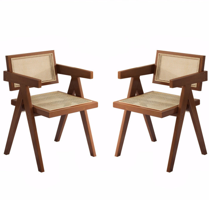 Set of 2 Giga modern mid-century rattan dining chairs with armrests, walnut finish, outdoor wood design, and comfortable seating.