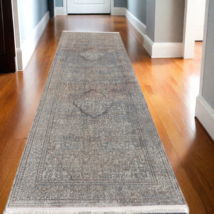 10' Floral Power Loom Stain Resistant Runner Rug - Blue Red And Gray