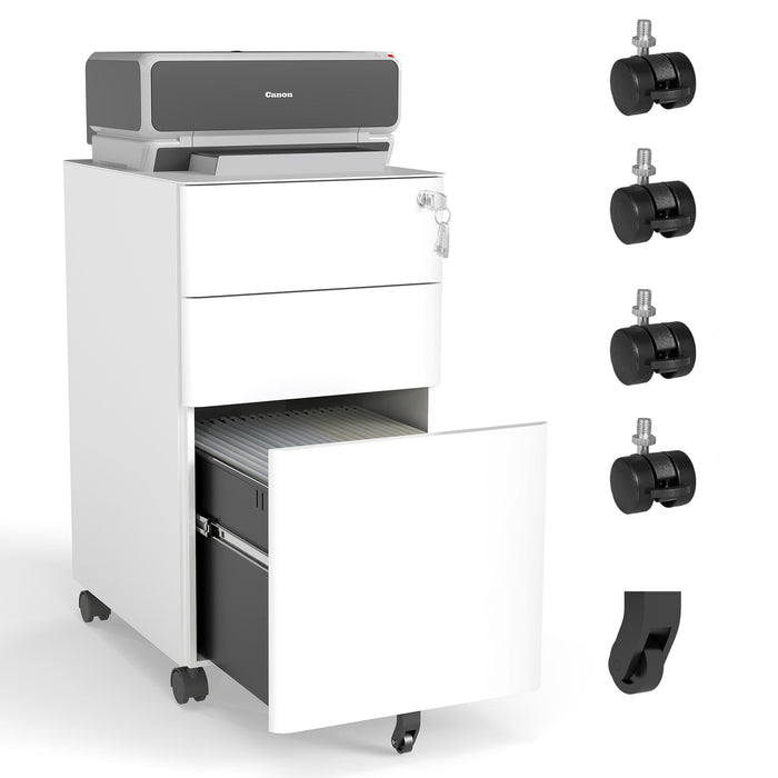White Giga 3-drawer mobile filing cabinet with lock, on wheels, featuring two shallow drawers and one deep drawer for office or home use.