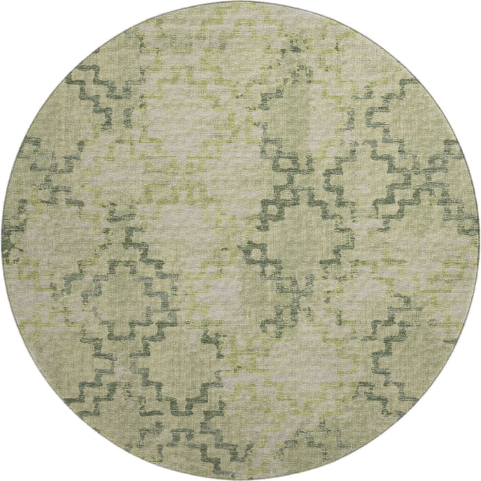 8' Tribal Washable Round Rug With UV Protection - Green And Beige